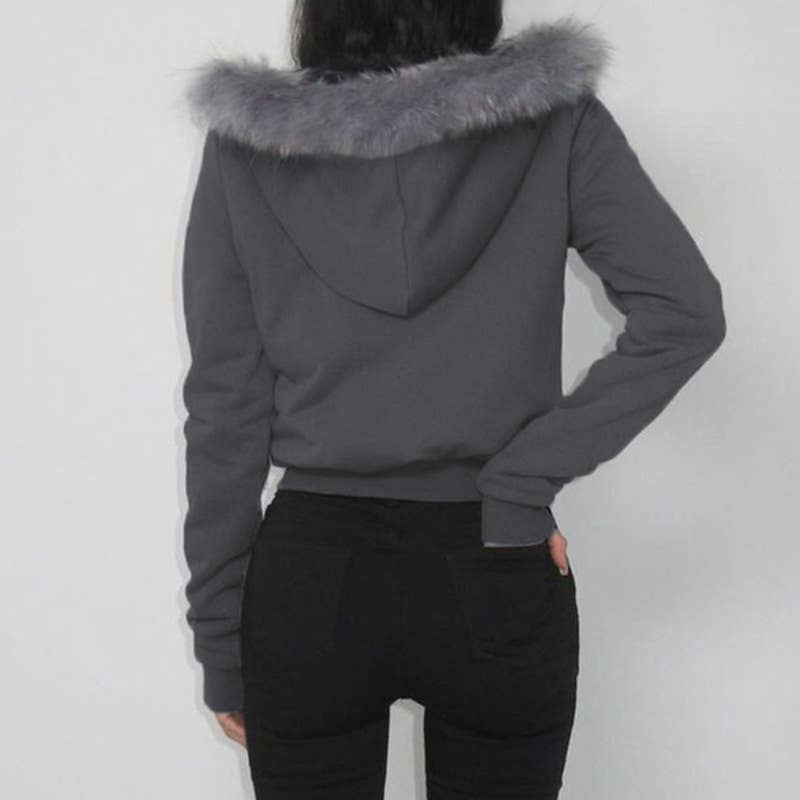 Woolly Patchwork Zipper Hoodie Coat Lady