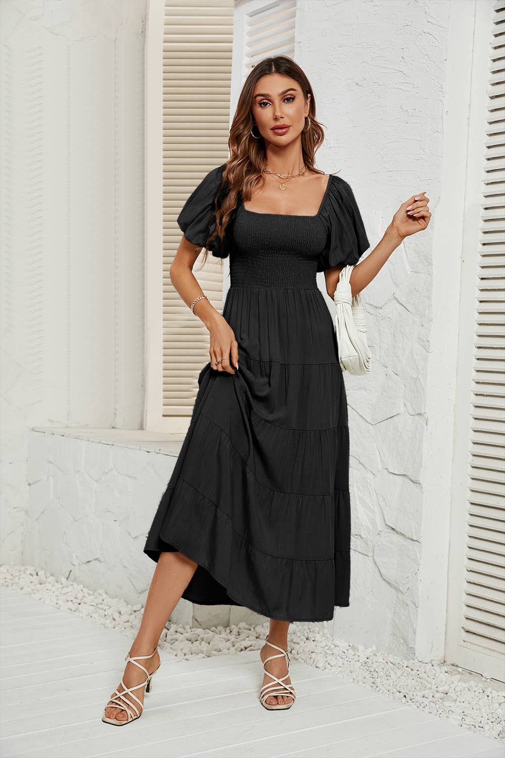 Solid-Color High-Waisted Cinched Waist Dress