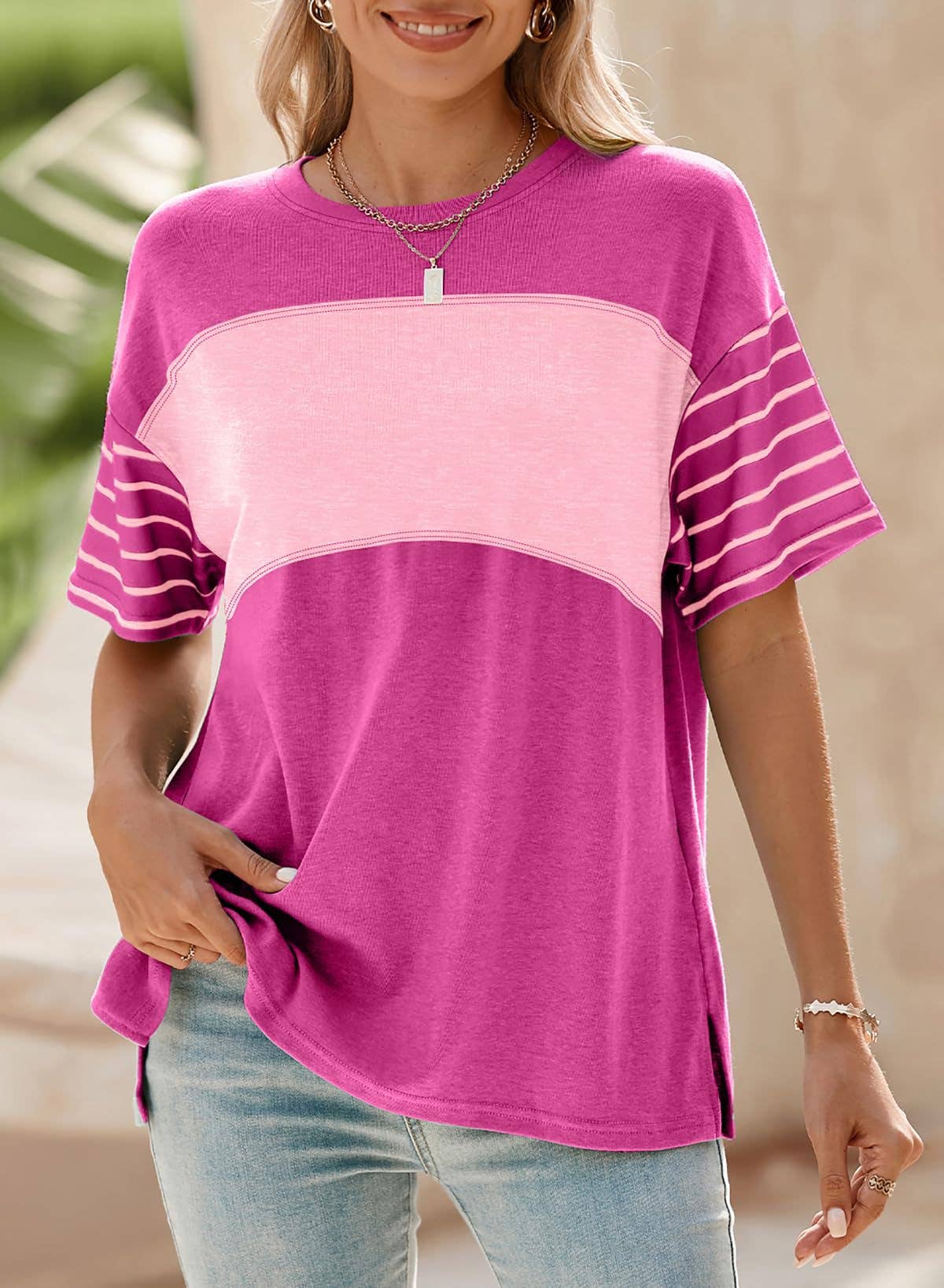Womens Colorblock Striped Crew Neck Tee