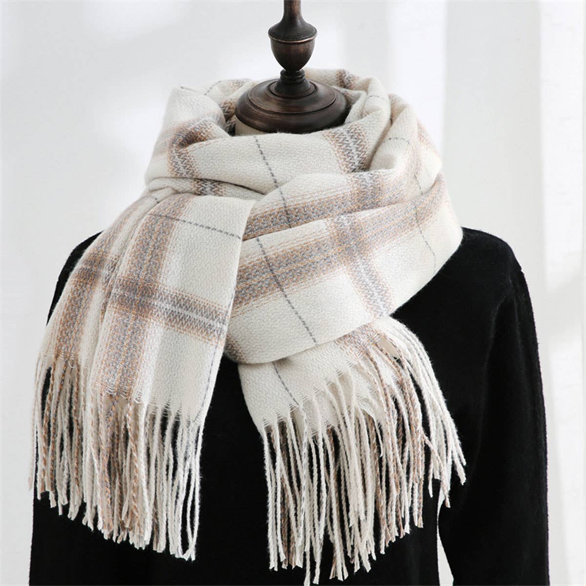 PLAID FAUX CASHMERE SCARF TASSEL WINTER SHAWL_CWASC0218