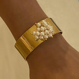 Titanium Steel 18K Gold Pearl Open Cuff Bracelet
