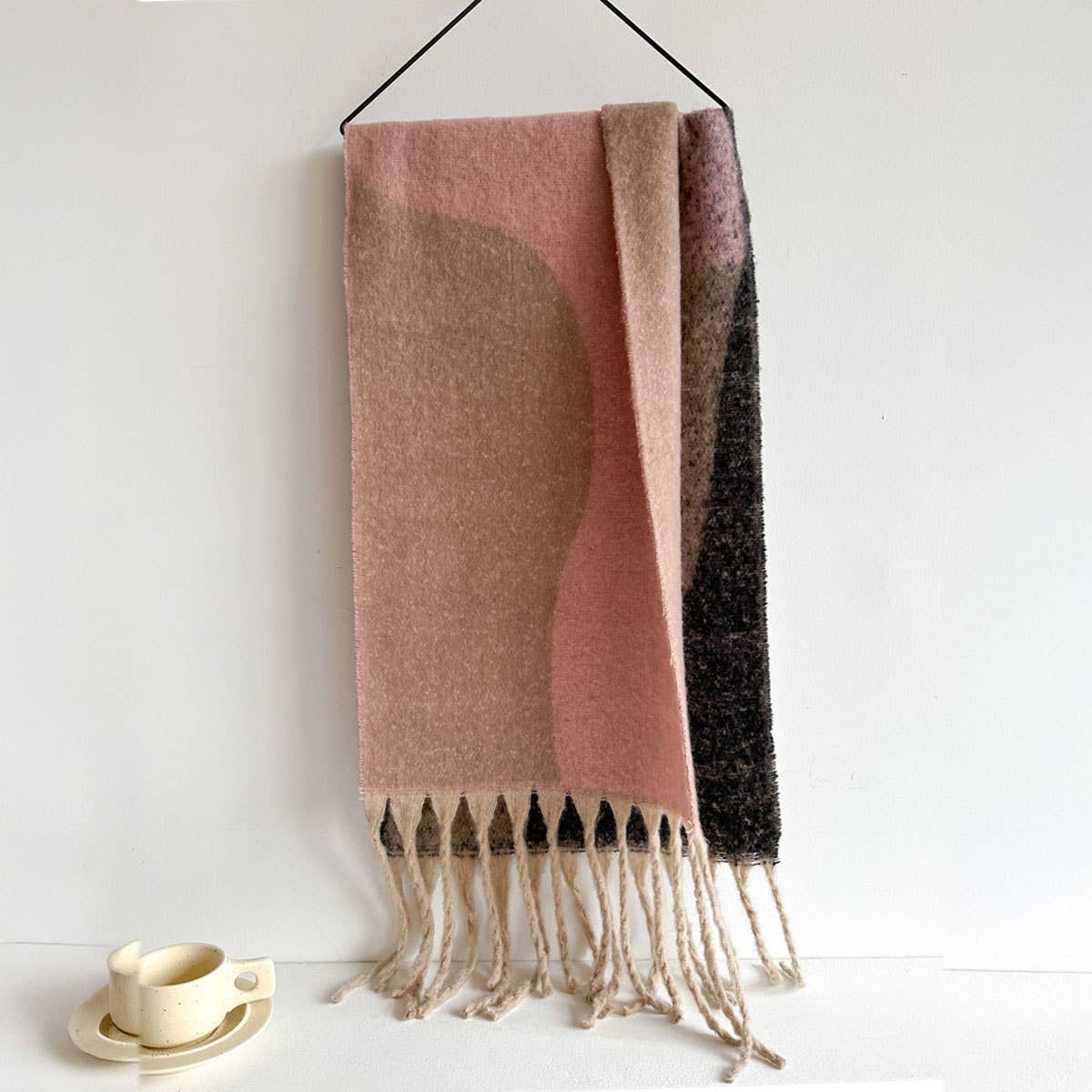 GEOMETRIC FRINGE WOOL SCARF THICK COLORBLOCK SHAWL_CWASC0978