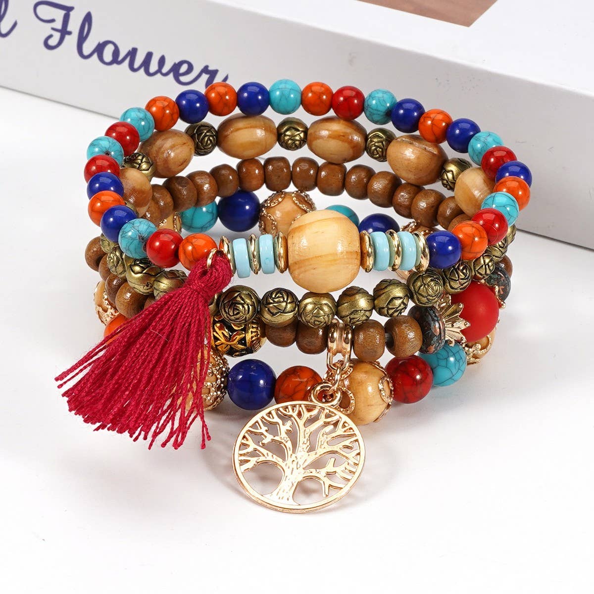 Cwmm10462_Wood Bead Rose Alloy Handmade Bracelet Set