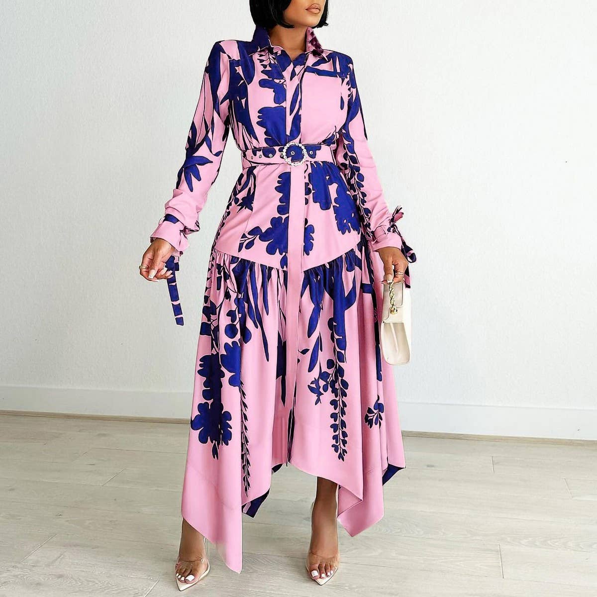 TEMPERAMENT PRINTED IRREGULAR LAPEL DRESS_CWDMD3655