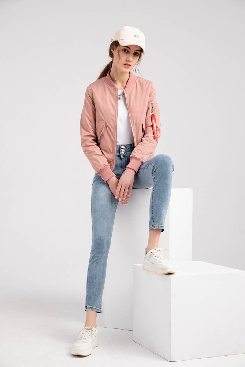 Solid Color Zipper Bomber Jacket