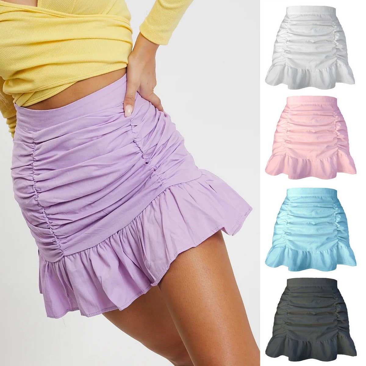 SOLID COLOR PLEATED RUFFLE ZIPPER SKIRT_CWBSS0388