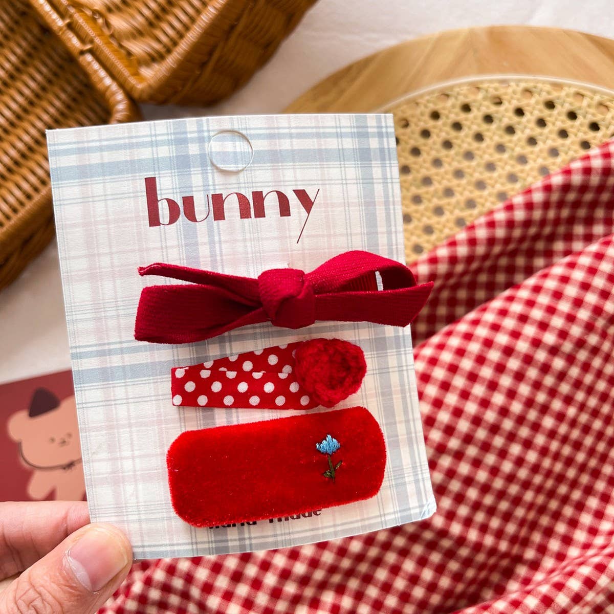 Red Bow Fabric Hair Clip Set For Kids_Cwaha08386