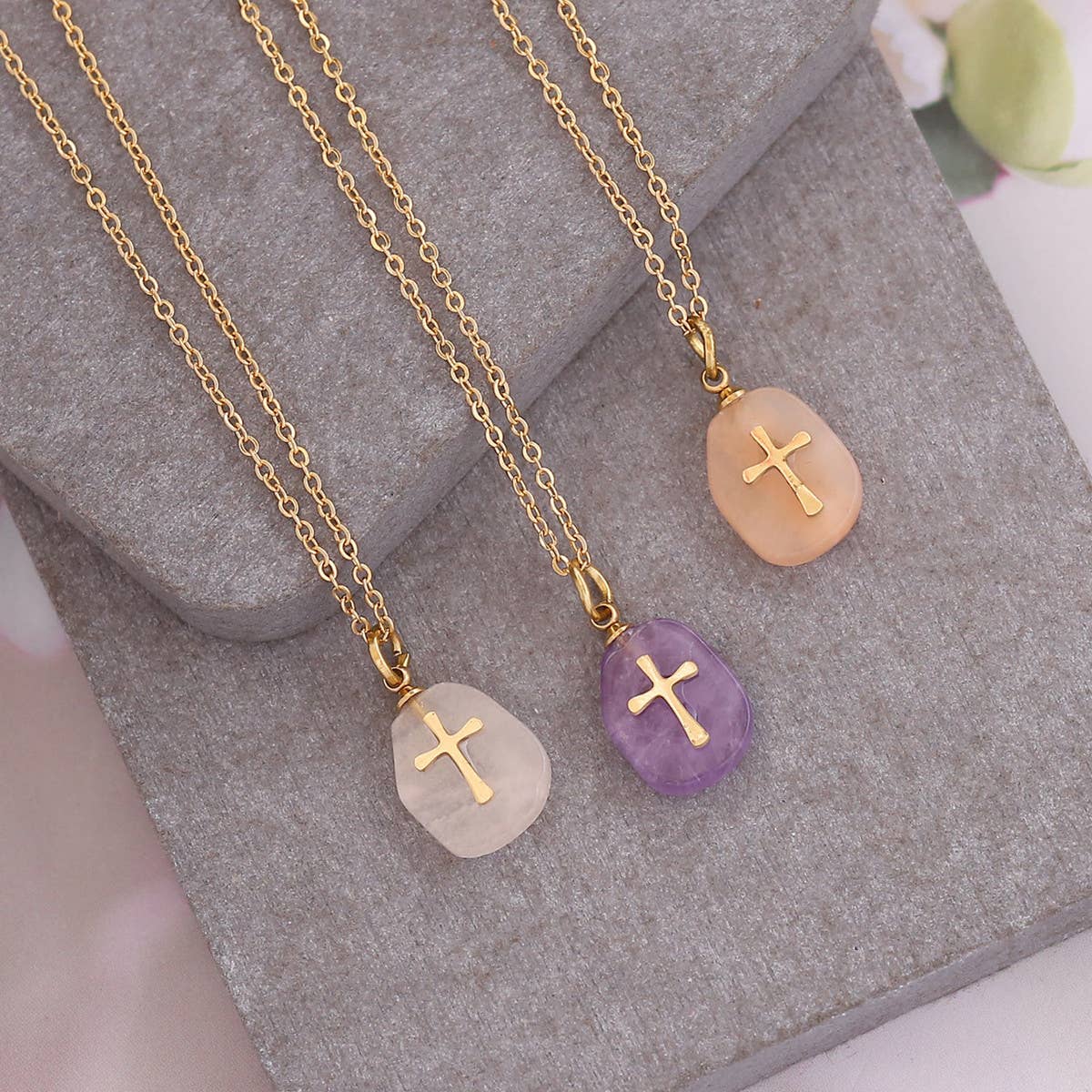 Women Natural Stone Cross Necklace