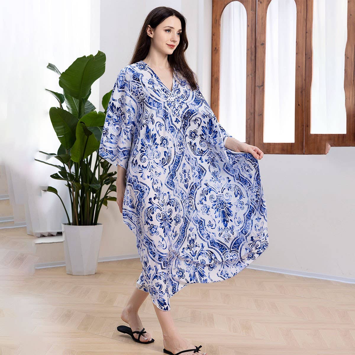 BLUE PORCELAIN PRINT BEACH COVER UP DRESS_CWMM6203