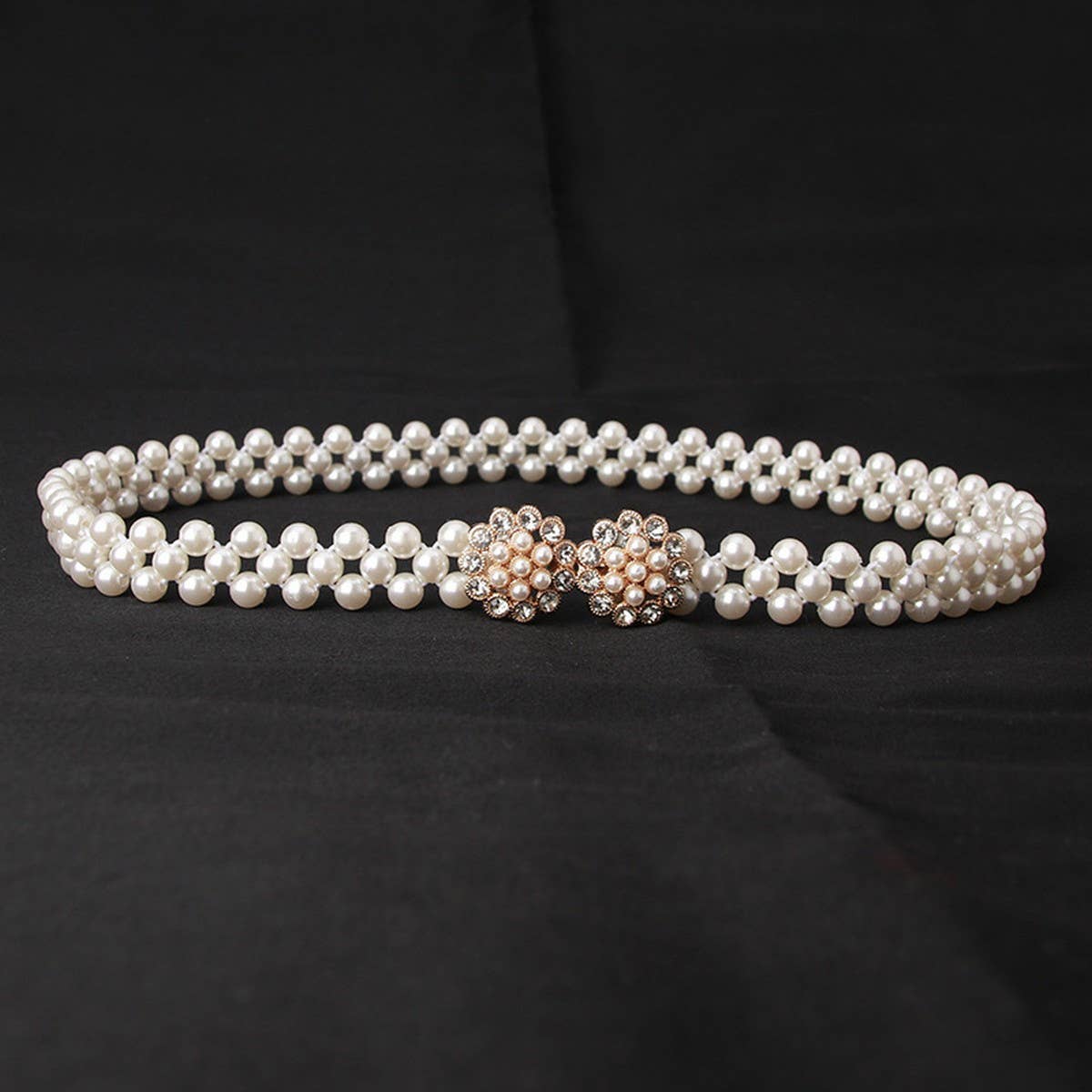 PEARL WOVEN ELASTIC BELT RHINESTONE ALLOY BUCKLES_CWABE0395