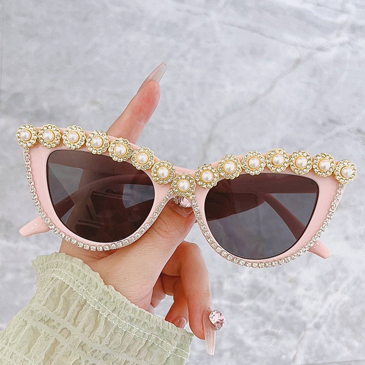 HANDMADE RHINESTONE PEARL RETRO CAT EYE SUNGLASSES_CWASG0268
