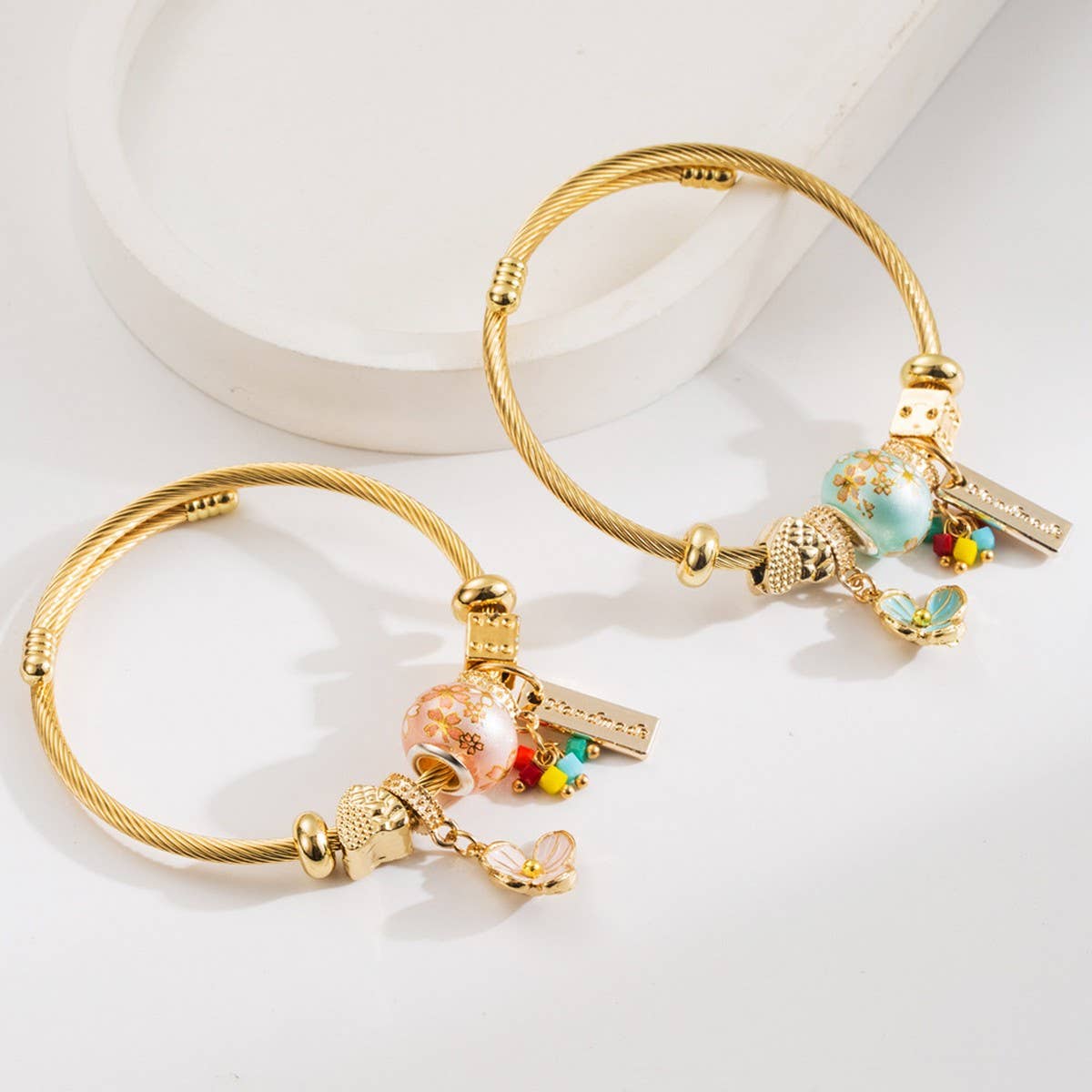 Trendy Beaded Steel Bracelet With Flower Charm_Cwmm8488