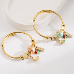 Trendy Beaded Steel Bracelet With Flower Charm_Cwmm8488