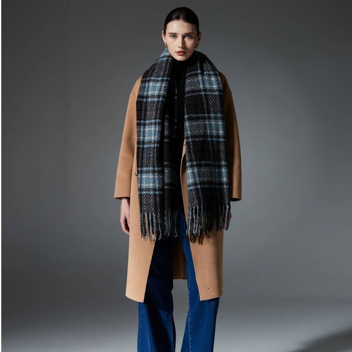 AMAZON HOT SELLER FAUX WOOL BLUE PLAID SCARF SHAWL_CWASC1277