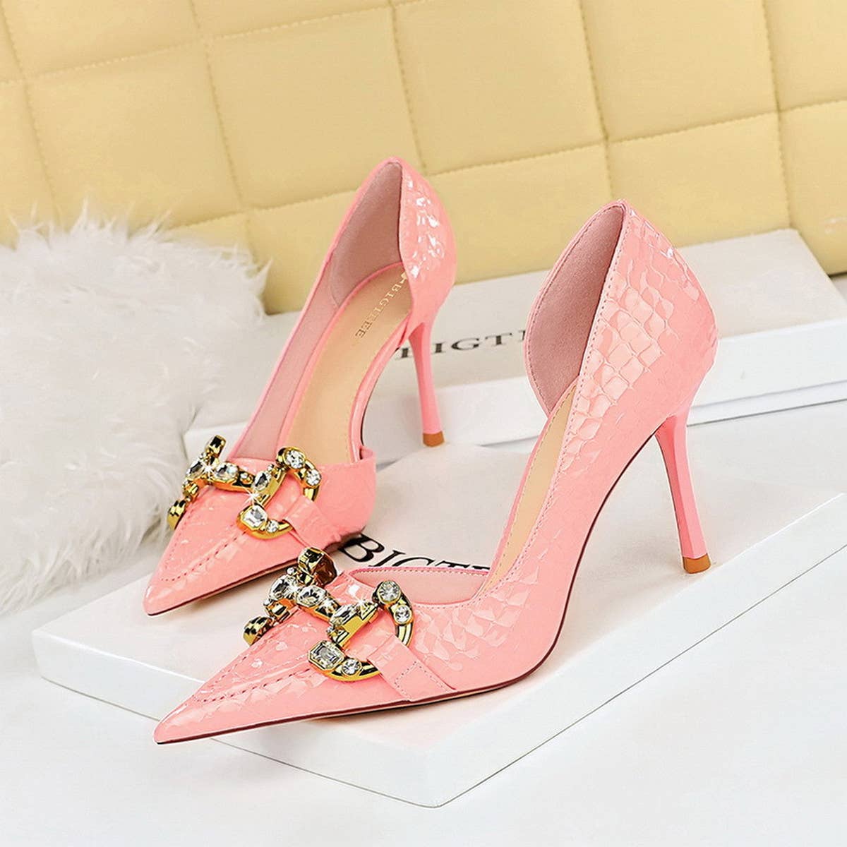 Women Metal Rhinestone Buckle High Heels