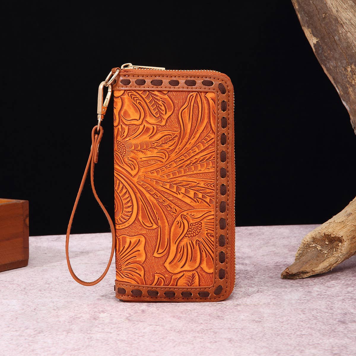 LEATHER CARVED EMBOSSED BOHEMIAN CLUTCH WALLET_CWAB2592
