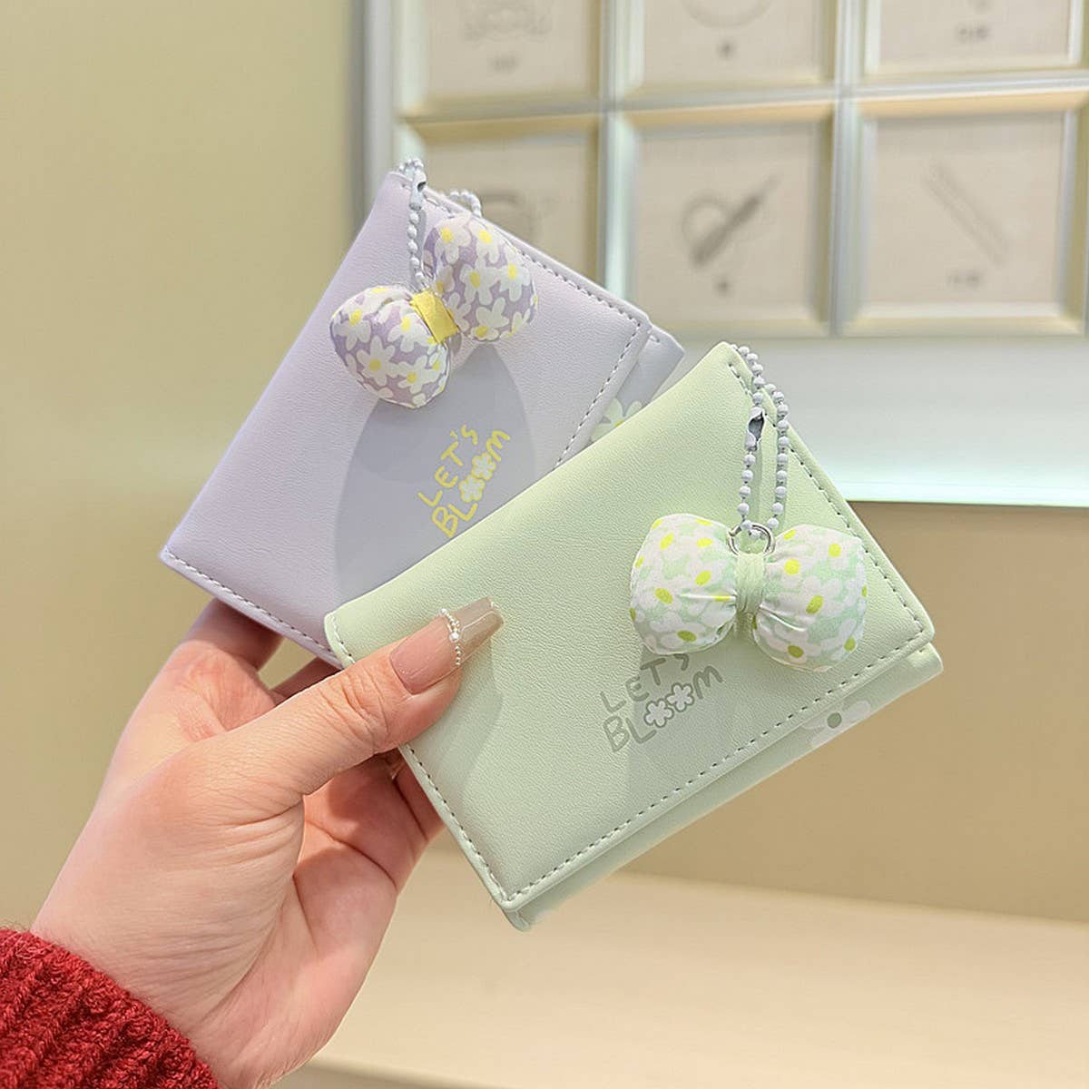 Cute Bow Pendant Floral Mini Trifold Wallet_Cwab06217
