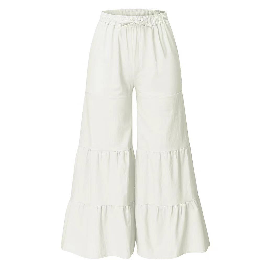 Solid Color Elastic-Waisted Wide-Leg Pants