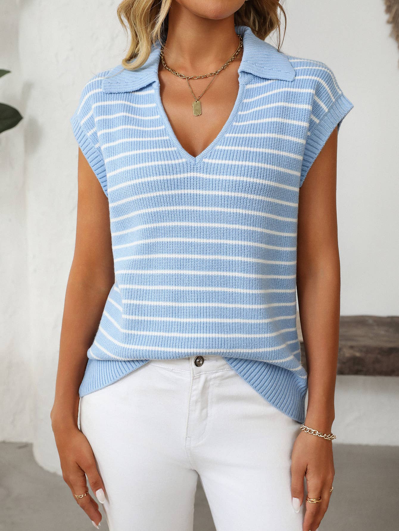 V-Neck Casual Striped Lapel Knitted Sweater