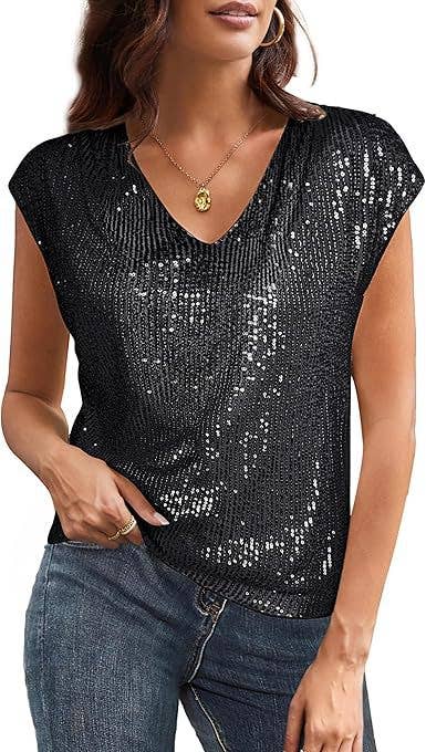 Womens Sequin V-Neck Fitted Raglan Sleeve Top