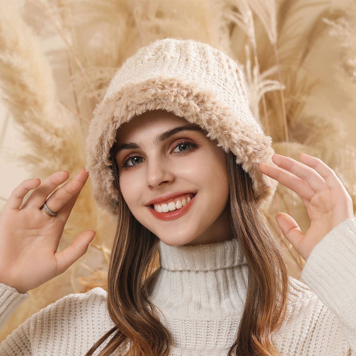 PLUSH FUZZY KNIT BUCKET HAT WITH EAR COVERAGE_CWAH1979