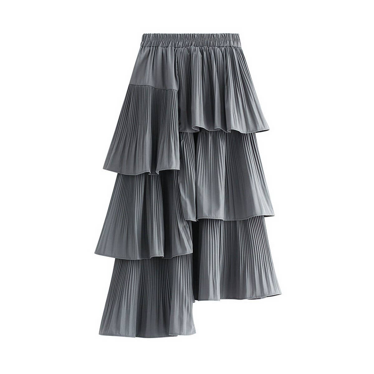 ASYMMETRICAL RUFFLED PLEATED TIERED MIDI SKIRT_CWBMS0392