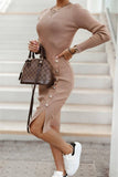 Temperament Slit Solid Color Button Knit Dress