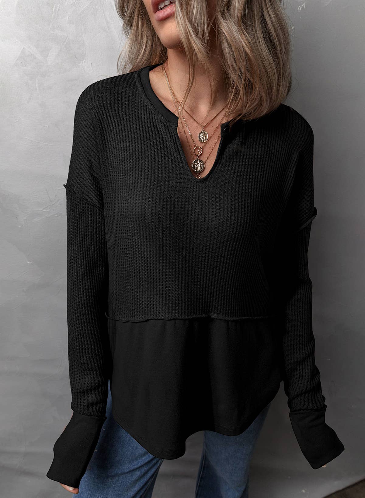 Solid Color Long Sleeve Patchwork Loose Hoodie