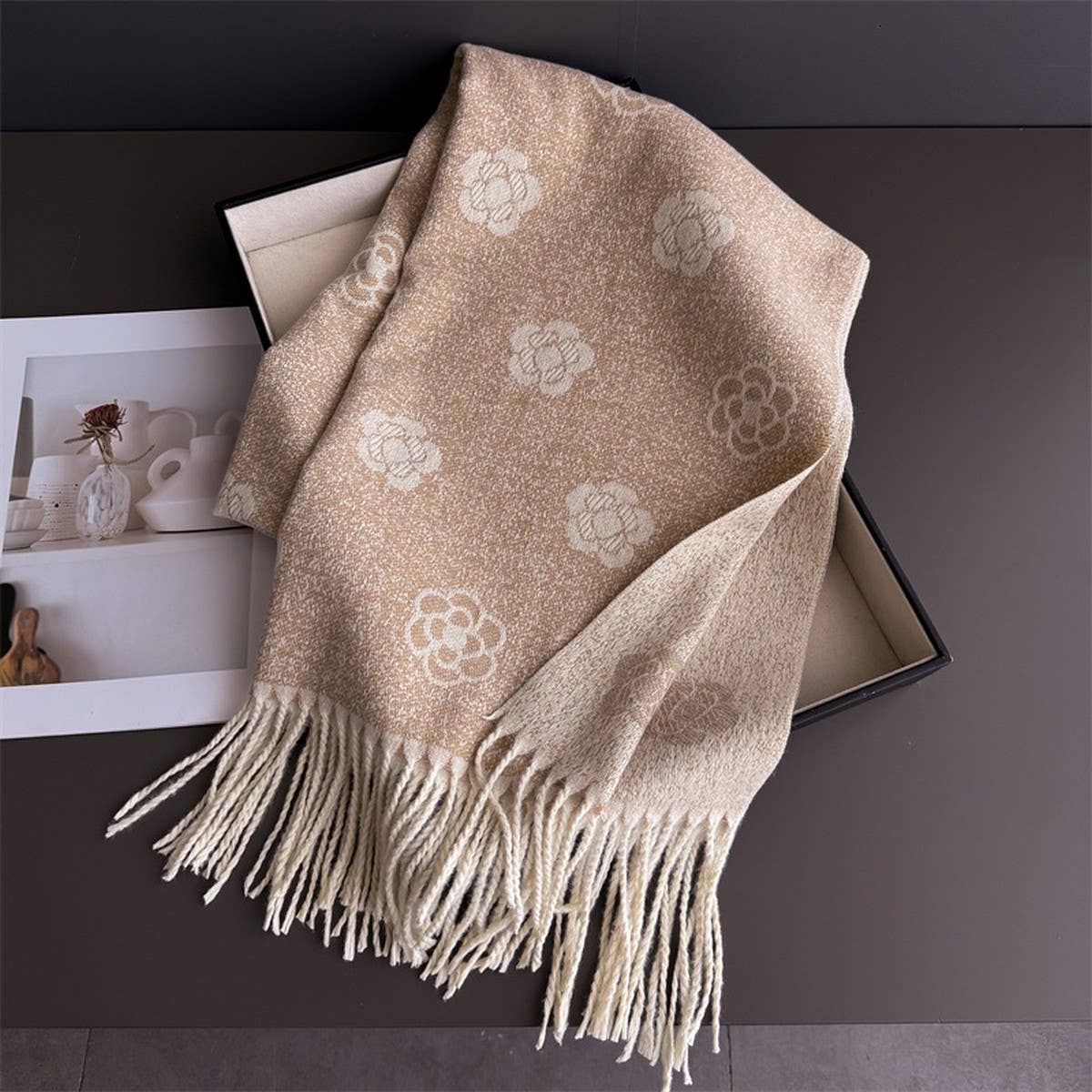 Elegant Camellia Cashmere Feel Tassel Scarf Wrap_Cwasc03244