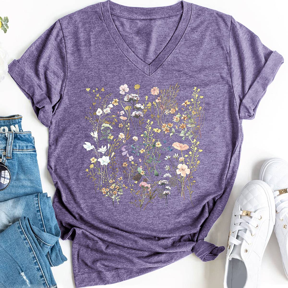 FLORAL V NECK GRAPHIC TEE FOR WOMEN LOOSE FIT_CWTTS1483