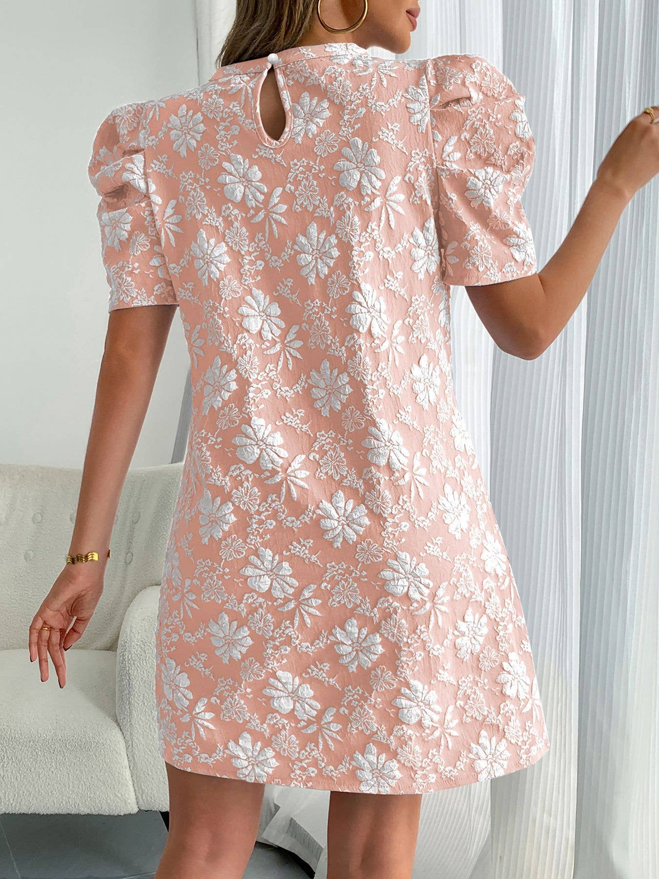 Textured Puff Sleeve Vintage Mini Dress