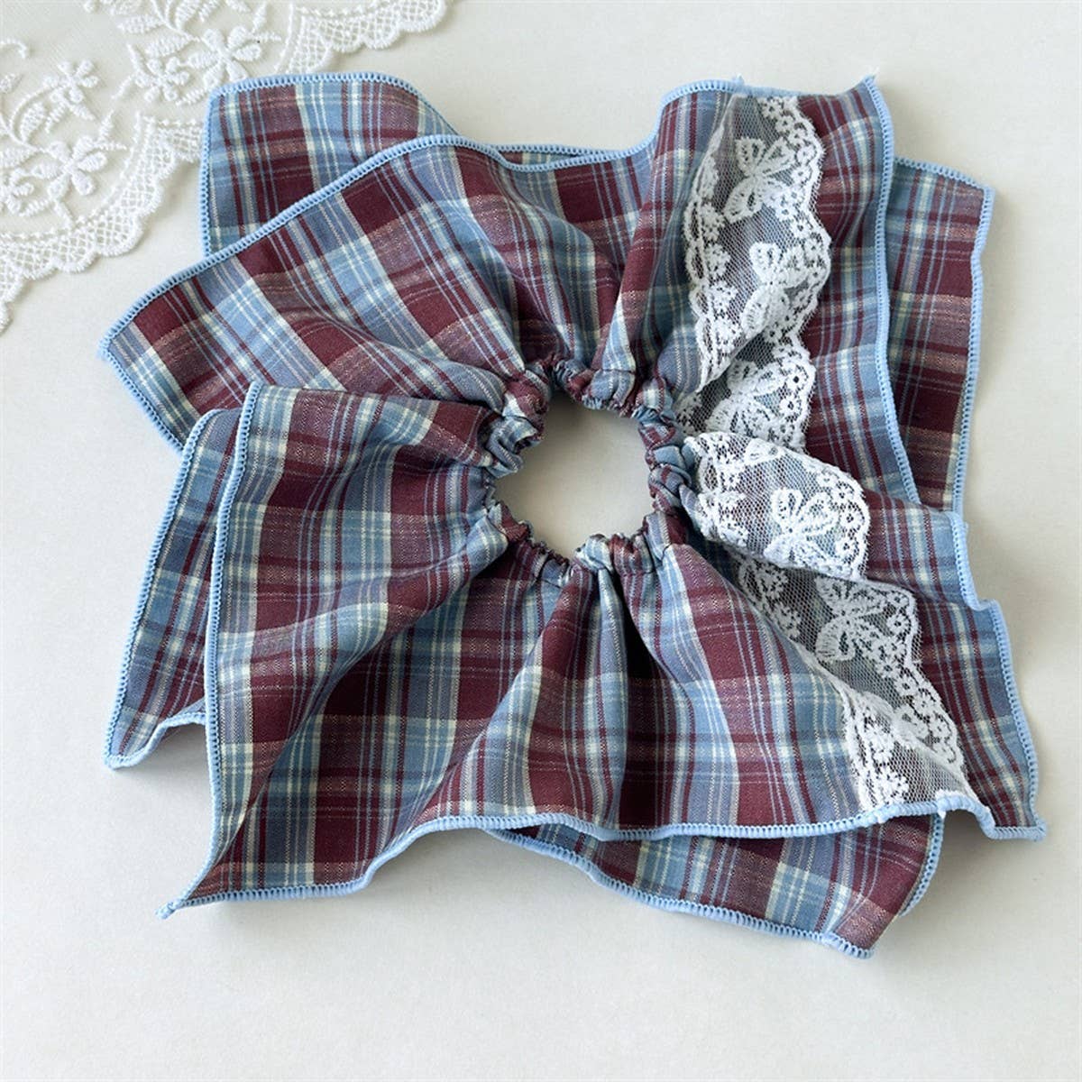 Vintage Plaid Scarf Layered Scrunchie Tie_Cwaha07671