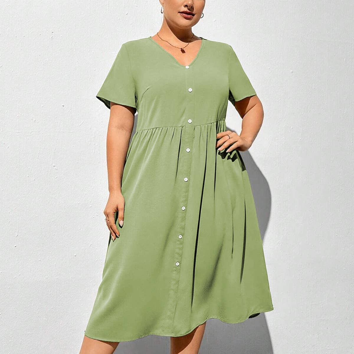 V-Neck Solid Color Fitting High Waisted Dress