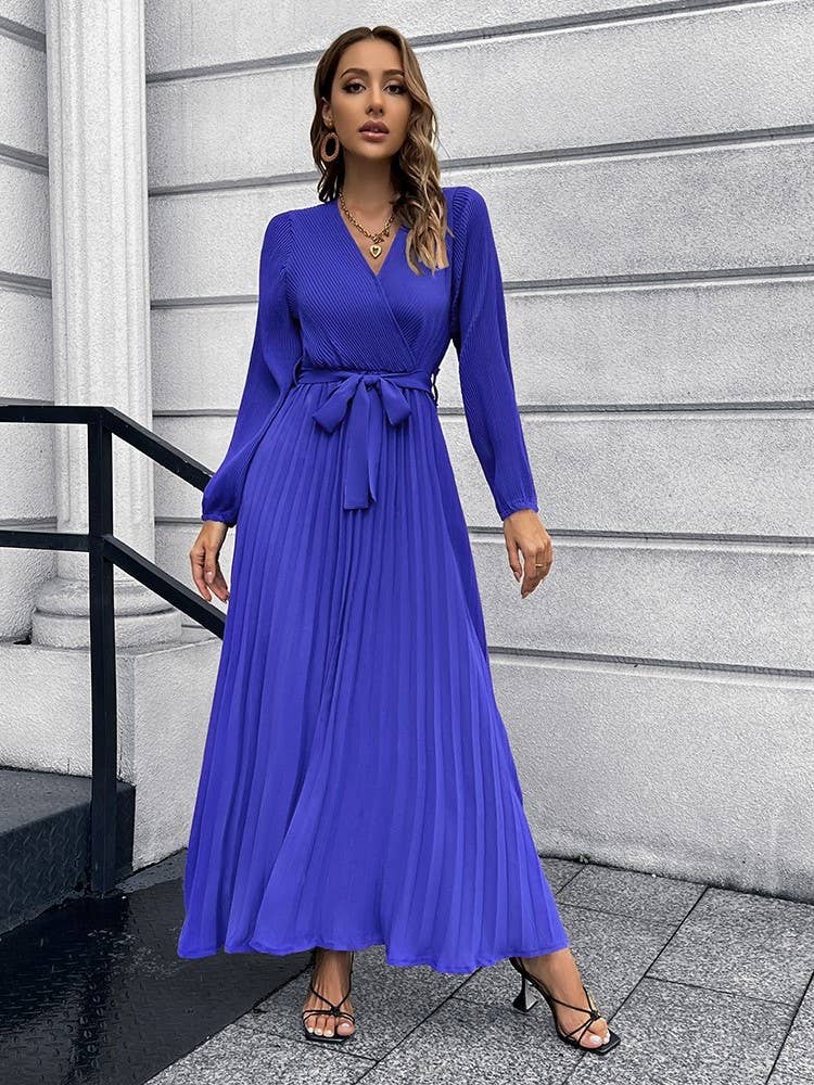 V Neck Long Sleeve Pleated Belted Midi Dress