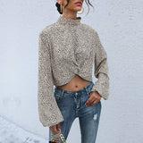 Vacation Style Cropped Long Sleeve Leopard Top