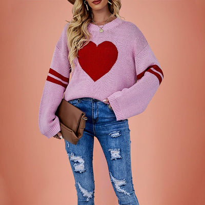 Women¡¯S Color Block Heart Knit Sweater Valentine_Cwoswl07194