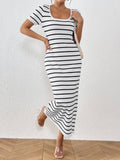Striped Patchwork Short-Sleeved U-Neck Dress