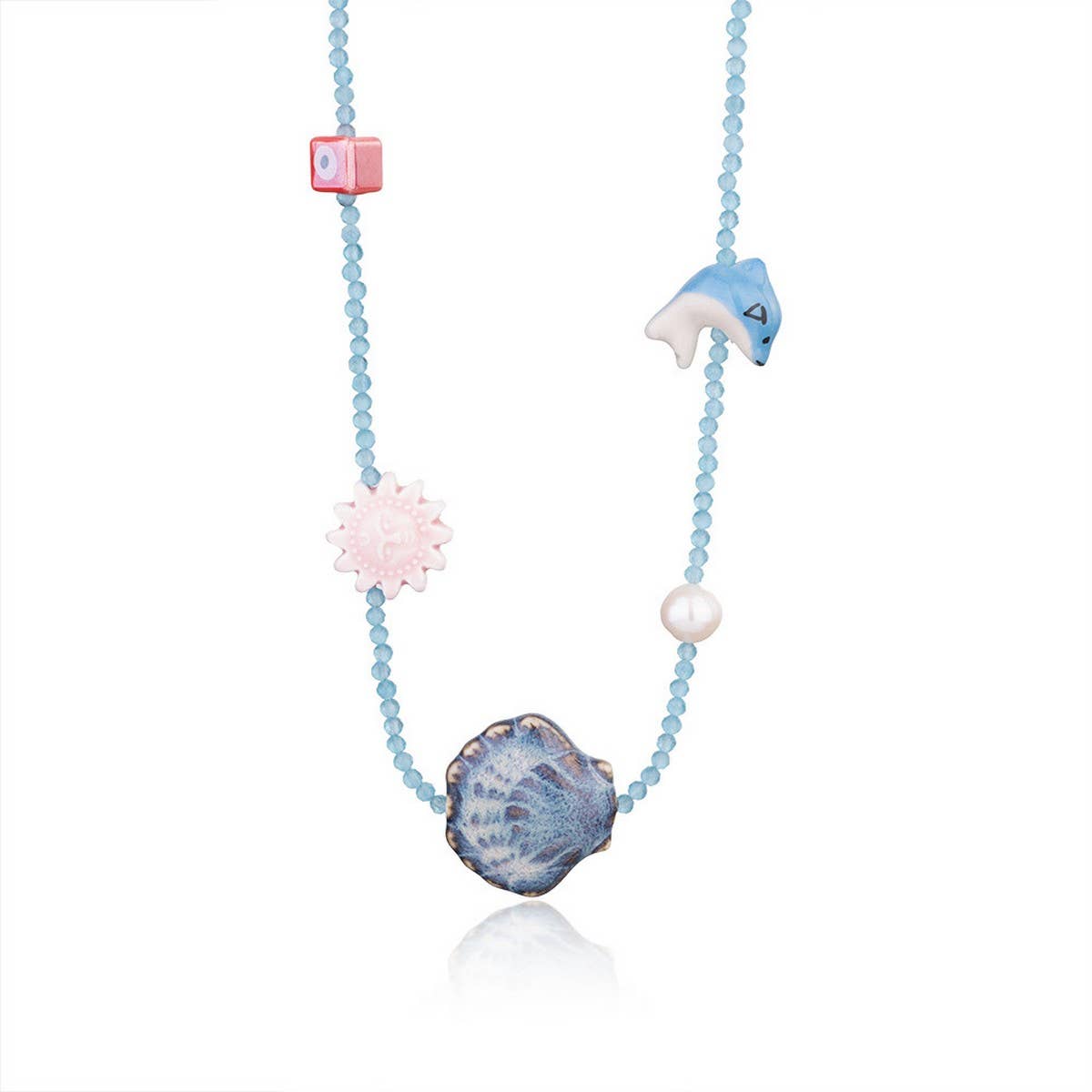 Unique Boho Glass Shell And Crystal Necklace_Cwmm7541