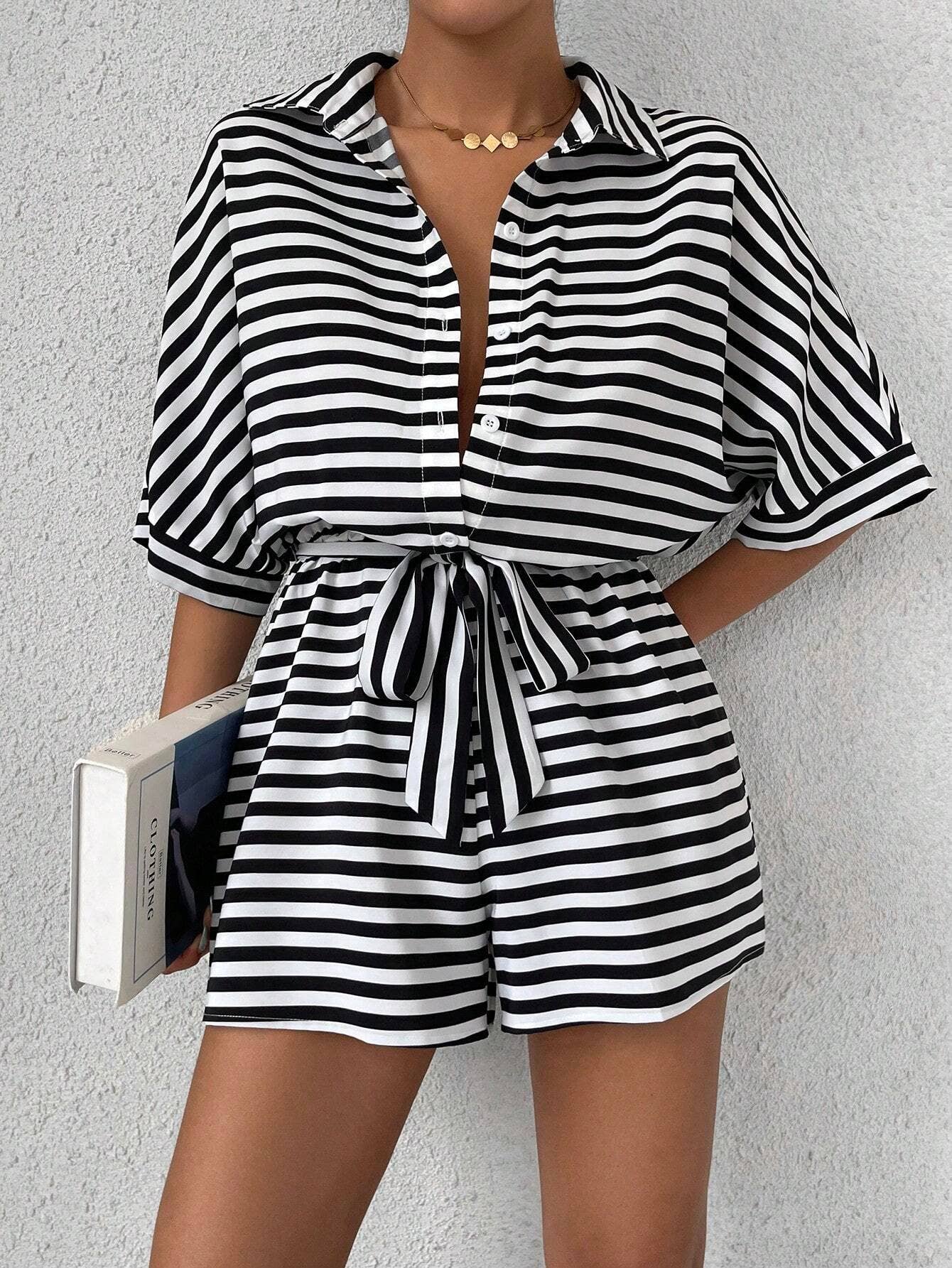 Womens Striped Buttoned Cardigan Romper