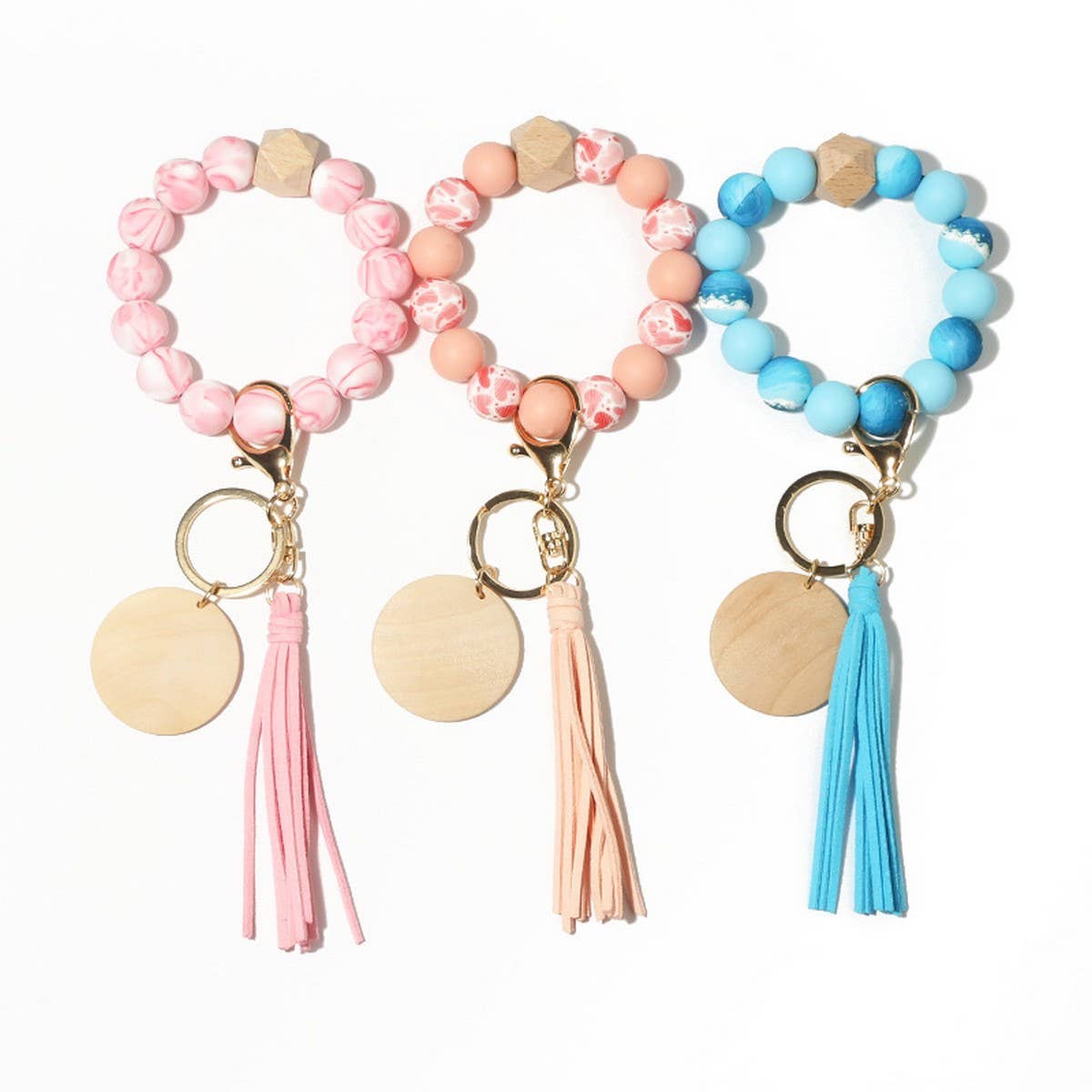 SILICONE BEAD BRACELET KEYCHAIN WITH BEECH WOOD_CWMM6873