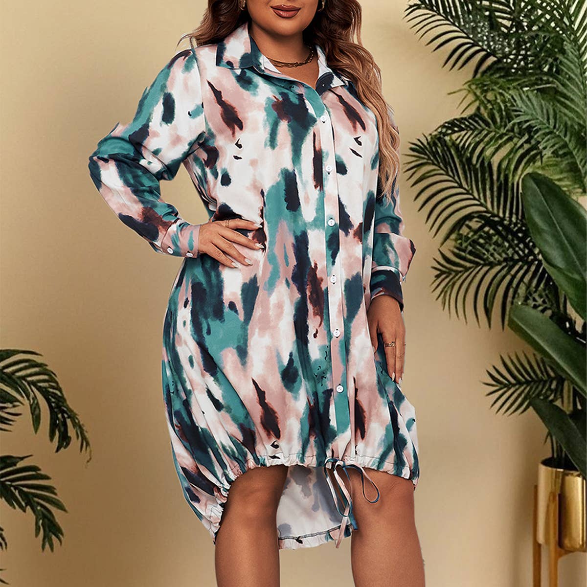 PLUS SIZE POLO DRESS LOOSE FIT DRAWSTRING HEM_CWDMD5970