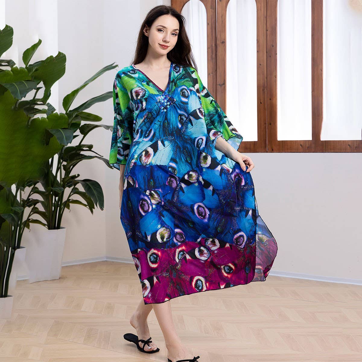 PEACOCK PRINT BEACH COVER UP MAXI KAFTAN_CWMM6204
