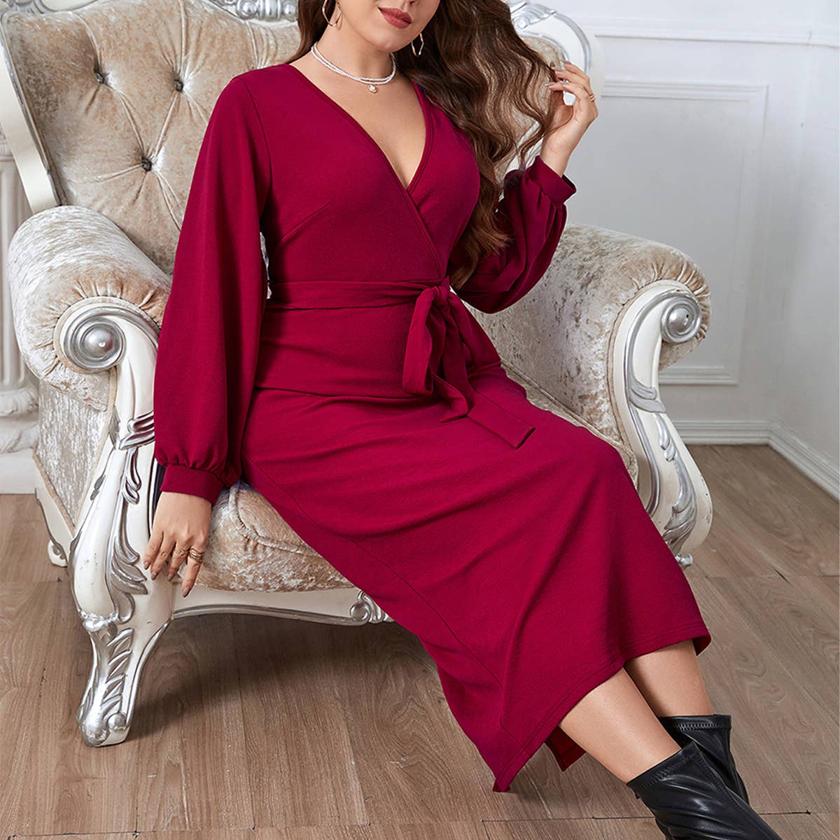 RED V NECK SLIM FIT LONG DRESS FOR FALL SPRING_CWDSD8473