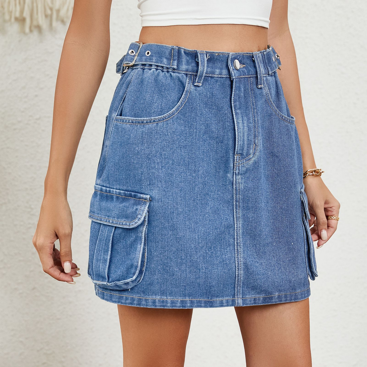 Wome Washed Denim Mini Skirt Adjustable Waist_Cwjsk0215