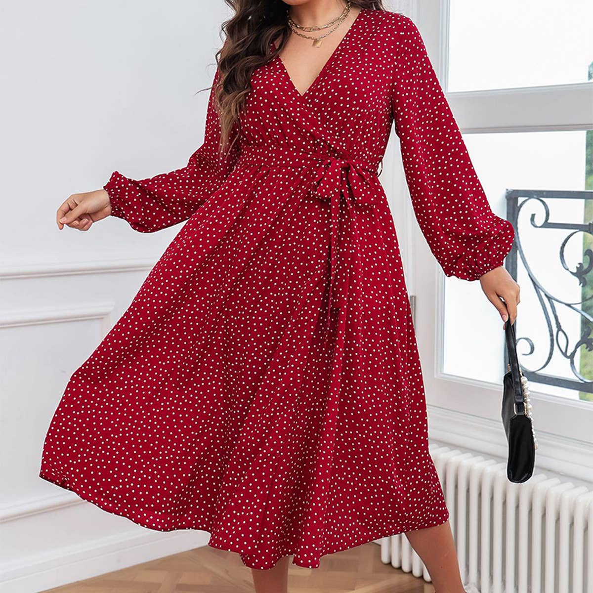 ELEGANT POLKA DOT RED MAXI DRESS FOR FALL_CWDSD8480