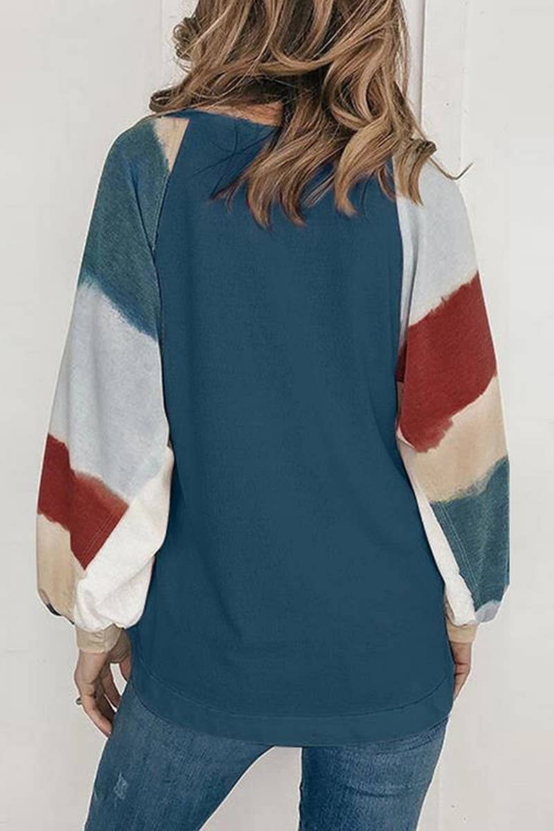 Women Color Matching Puff Sleeve Blouse_Cwtbll0578