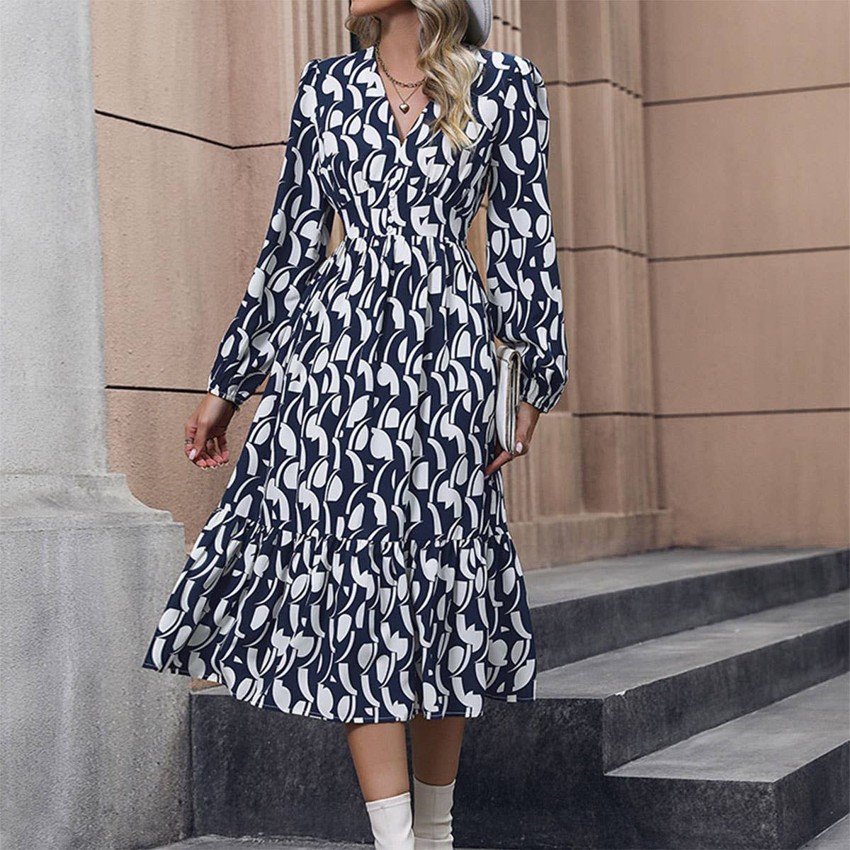 V-Neck Abstract Print Waistline Long Dress