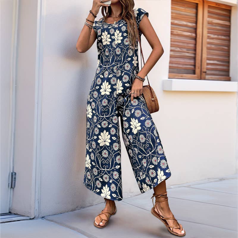 Vintage Floral Print Casual Straight-Leg Jumpsuit