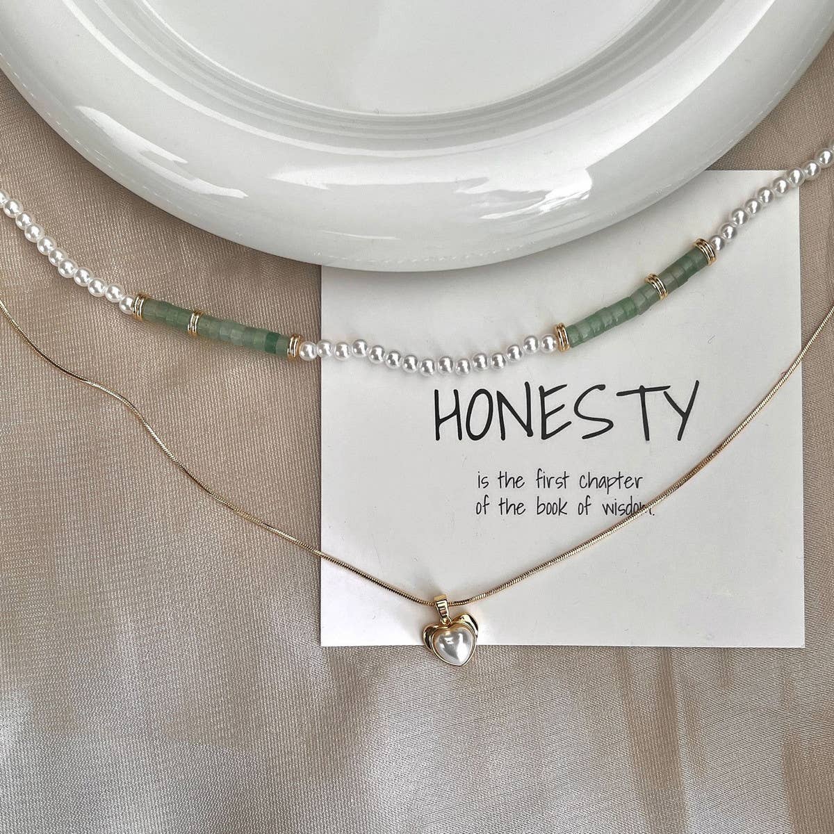 DOUBLE LAYER NATURAL STONE PEARL LOVE NECKLACE_CWAJE1263