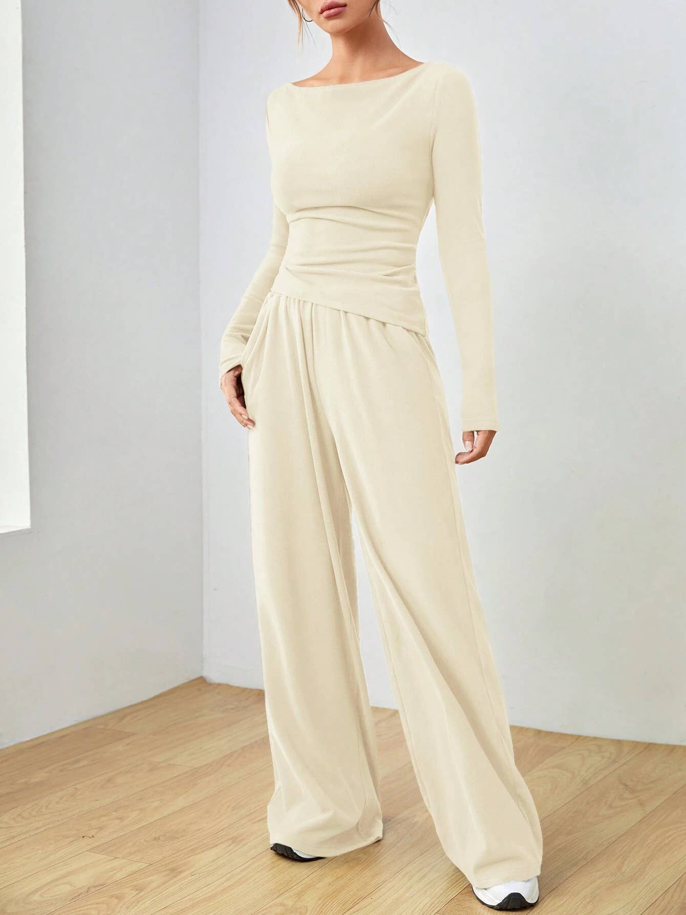 Solid-Color Long-Sleeved Wide-Leg Long Pants Set